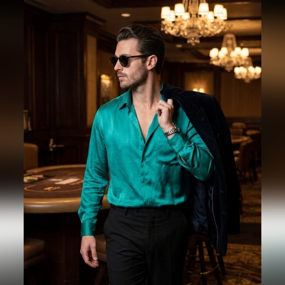 Silk Green Blue Chromium Button Down Shirt 22w Or XXL Vintage Classic Hi…